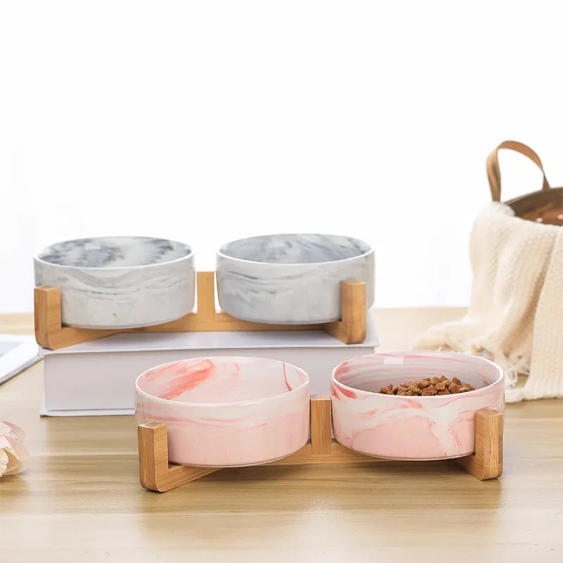 Ceramic Oasis Double Bowl with Wooden Stand