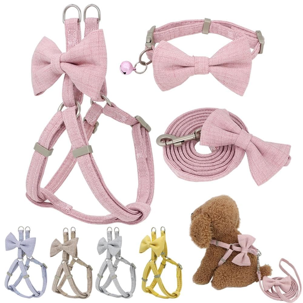 Dog Harness Leash Collar Set Adjustable Soft Cute Bow Double Layer Dog Harness for Small Medium Pet Collar Leash Outdoor Walking - Chihuahua We Love