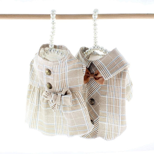 Summer Clothes for Dogs Bowknot Cute Plaid Fresh khaki Suit Dog Shirts Snap Button Decor Dresses for Dogs - Chihuahua We Love