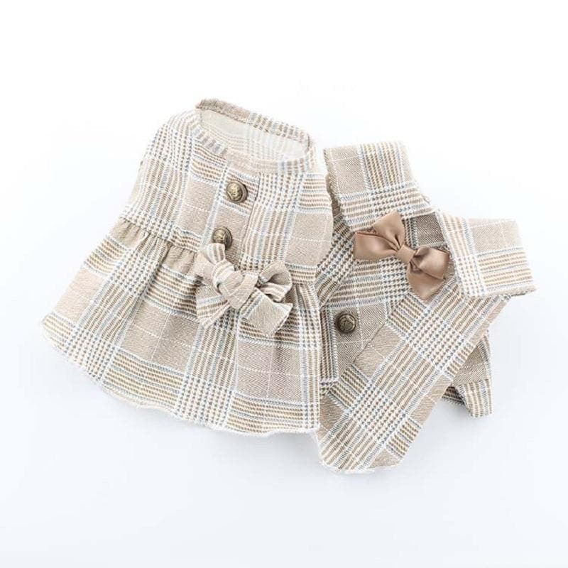Summer Clothes for Dogs Bowknot Cute Plaid Fresh khaki Suit Dog Shirts Snap Button Decor Dresses for Dogs - Chihuahua We Love