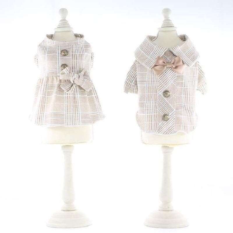 Summer Clothes for Dogs Bowknot Cute Plaid Fresh khaki Suit Dog Shirts Snap Button Decor Dresses for Dogs - Chihuahua We Love