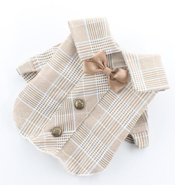 Summer Clothes for Dogs Bowknot Cute Plaid Fresh khaki Suit Dog Shirts Snap Button Decor Dresses for Dogs - Chihuahua We Love