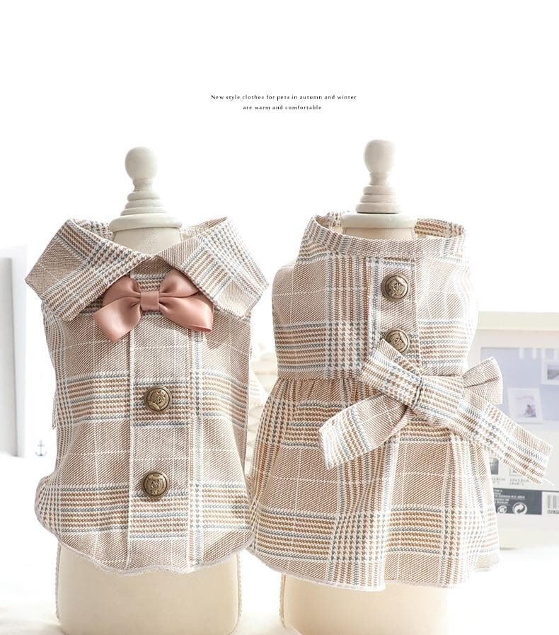 Summer Clothes for Dogs Bowknot Cute Plaid Fresh khaki Suit Dog Shirts Snap Button Decor Dresses for Dogs - Chihuahua We Love